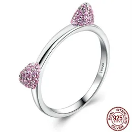 925スターリングシルバーかわいいピンクダイヤモンド猫の耳のリングブリデメイドエンゲージメントスウィーティーとロマンス100％シルバーリング真のLO227J