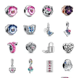 Charms 925 Sterling Sier European Fashion Spring Pink Flower Friend Clip Envelope Curly Caterpillar Bead for Pandora Charm 팔찌 Dhyd4