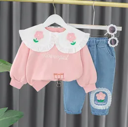 Kläderuppsättningar Småbarn Baby Girl Cloths Casual Kids Tracksuits Lovely Lapel Flowers Printed Long Sleeve Hoodies Tops Pants 2 st spädbarn