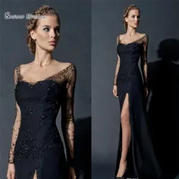 2021 Black High Split Sheath Evening Dresses Long Sleeves Lace Sequines Evening Gowns Celebrity Party Prom Dress241r