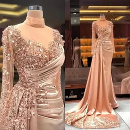 2022 Rose Gold Plus Size Arabic Aso Ebi Mermaid Sexy Prom Dresses Sheer Neck Pärled paljetter Evening Formal Party Second Reception 338n