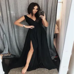 Vestidos de Baile Preto Simples com Decote em V Chiffon Linha A com Fenda até o Chão Vestidos de Festa Baratos de Baile de Formatura Longos Elegantes Vestidos de Noite292l