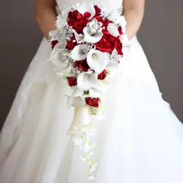 Cascading Bridal Bouquets Wedding Flowers with Artificial Pearls and Rhinestone White Calla Lilies Red Rose De Mariage Decoration 2254