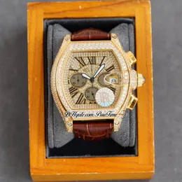 TWF Tortue XL Miyota Quartz Chronograph Mens Watch 18K Yellow Gold Paled Diamonds Slå Svart Roman Brown Leather Stopwatch JE231I