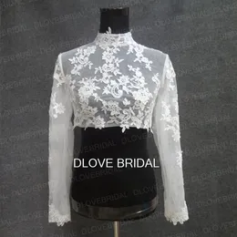 Real Po High Neck Long Sleeve Bridal Jacket Lace Appliced ​​Tulle Wedding Party Dress Sheer Wraps Bolero med täckta knappar CU333P