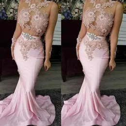 2022 Pink Bridesmaid Dresses Long Sleeves Lace Appliques Crystal Beads 3D Floral Zipper Back Floor Length Mermaid Beach Country We186Y