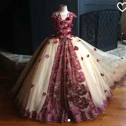 Wine And Champagne Ball Gown Flower Girl Dresses 2022 Hand Made Flowers Pearls Lace Tiered Girls Pageant Dress Teens Party Dress T238i