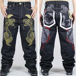 Hela 2015 Nya mode Mens Wide Leg Jeans Brodered Gold Python Loose Pants Skating Hip-Hop Street Rap Dance Trousers S275D