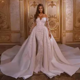 Mermaid Wedding Dresses 2023 Luxury with Detachable Skirt Appliqued Arabic Trumpet Bridal Gowns Long Sleeves Bohemian Robe De BC12278b