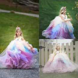 Rainbow Flower Girl Dresses For Wedding Lace Applicques Födelsedagsliten Tiered kjolar Första nattvardsklänning Tulle lyxflickor Pagean20e