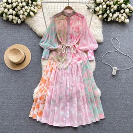 Vestidos casuais básicos passarela de verão gola alta vintage manga longa lanterna chiffon vestido feminino estampado de flores cinto solto linha A maxi vestidos 2023