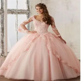 Baby Pink Quinceanera Dresses Lace Long Sleeve V-Neck Appliqued Ball Dresses Sweet 16 Princess Pageant Dress For Girls2022