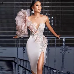 2020 nowe arabskie rozdzielone sukienki koktajlowe koronkowe koraliki Sheer Jewel Neck Kolan Długość