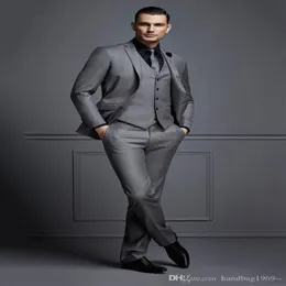 Fashionabla One Button Grey Groom Tuxedos Notch Lapel Groomsmen Man Herr Mens Wedding Suits Jacket Pants Vest Tie D206271x