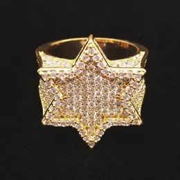 18K Gold White Gold Plated Mens Franklin Mint Green Out Cubic Zirconia Heksagonal Star Pinting Ring Band Guys Hiphop Rapper 242k