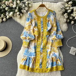 Basic Casual Dresses 2023 Spring Autumn Lace Trims Embroidery Patchworking Long Lantern Sleeve O Neck Vintage Print Ruffles Hem Fishtail Dress