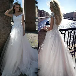 Bohemian A Line Wedding Dress 2019 Cap Sleeve Depileced Lace Boho Bride for Girl Lace-Up Back Wedding Vestidos268L