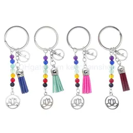 Keychains Lanyards Colorf Chakra Stone Tassel Keychain Pendant Lotus Reiki Healing Yoga Natural Gemstone 비즈 크리에이티브 키링 G Dh9yj