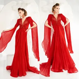 2020 Sparkly Red Evening Dresses With Sleeves Pärlade rufsar Arabiska sjöjungfru Prom Dress Custom Made Plus Size Formal Party Gown215J