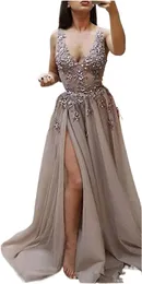 Luxury Crystal Pärled kvällstillfällen klänningar brun sexig split fairy tyll prom klänning vestidos de fiesta largos