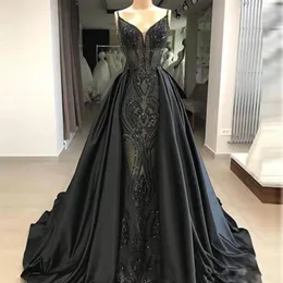 Eleganckie 2019 czarne syreny koronkowe sukienki wieczorowe z odejmowanymi pociągami z koralikami sukni balowymi cekinowo satynowa