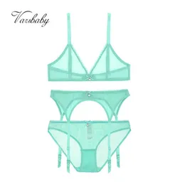 Varsbaby Set di lingerie in morbida maglia verde chiaro Set di filati sexy Trasparente Profondo V Filo senza cuciture Reggiseno confortevole Panty Giarrettiera Q0705256s