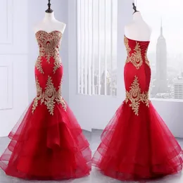 2021 Rot Gold Meerjungfrau Günstige Abendkleid Schatz Spitze Applique Rüschen Schichten Tüll Lange Prom Pageant Formelle Kleidung Für Mädchen pa273Y