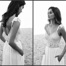 2 Piece Lace Boho Wedding Dress 2023 Spaghetti Neck Beads Backless Bride Gowns Sweep Train Beach Chiffon Wedding Dress