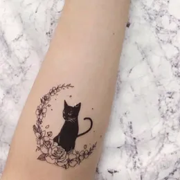 Adesivo de tatuagem temporária à prova d'água Flor Lua Gato Preto Design Arte Corporal Tatuagem Falsa Flash Tatuagem Braço Feminino Masculino