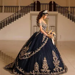 2021 Sexy Navy Blue Bling Quinceanera Dresses Ball Gown Off Shoulder Gold Embroidery Lace Crystal Beads Sequined Sweet 16 Vestido 234S