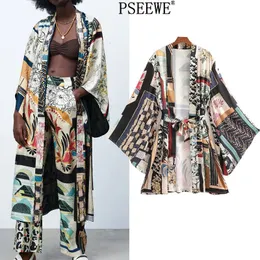 Kvinnors blusar skjortor kvinnors kimono lapptäcke långa kvinna kimono sommar vintage bälte japansk stil strand långärmad avslappnad blusar 230721