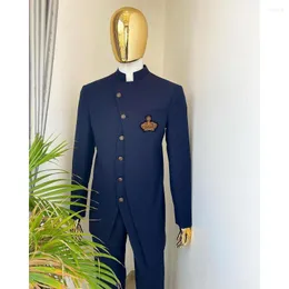 Mäns kostymer marinblå tuxedo kostym män trajes elegante para hombres står krage två bitar jacka byxor kostym homme blazer kläder 2023
