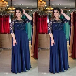 Plus Size Navy Blue A-Line Lace Mor of Bride Groom Dress Juvel Neck Chiffon Golvlängd 1 2 Sleeve Formal Dress Afton Donns 252d