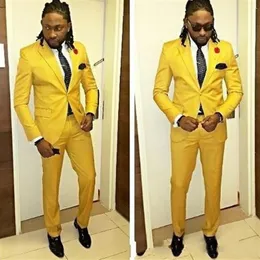 Senaste Fashion Yellow Men Suits Slim Fit One Button Formal skräddare Made Groom Prom Tuxedo Blazer Jacket Pants Wedding Party Suits252m
