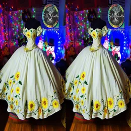 2022 romántico amarillo girasoles vestido de fiesta vestidos de quinceañera fuera del hombro gorra mexicana mangas cortas bordado corsé baile Ev289r