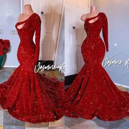 2022 Red Sparkling One Shoulder Pailletten Mermaid Long Prom Dresses Langarm gerafftes Abendkleid Plus Size Formal Party Wear Gown2034