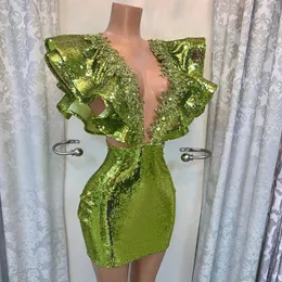 Green Sequined Cocktail Dressses Short Beaded Deep V-Neck Dubai Party Night Gowns Women Custom Made Designed robe de soiree292I
