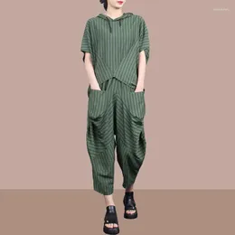 Kvinnors spårningsdräkter Fashion Vertical Stripe Set 2023 Summer Loose Hooded Short Hidees Top Casual Harlan Pants Two Piece