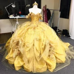 ثياب Quinceanera الذهبية القديمة سندريلا كرات الكرة قبالة الكتف الزهور زهرة الدانتيل الدانتيل bling tulle taffeta حلوة 16 فستان 210y