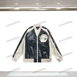 xinxinbuy Jaqueta masculina designer casacos de lã 23ss tecido de couro com painéis toalha bordado manga longa algodão feminino preto M-2XL