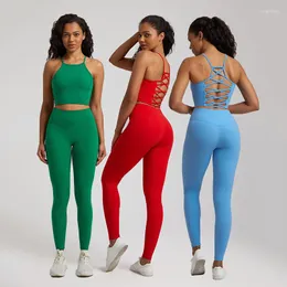 Conjuntos ativos Conjunto de academia macio amanteigado Calça de ioga feminina 2 peças Crop top cruzado e leggings de cintura alta Ternos esportivos Roupas de treino