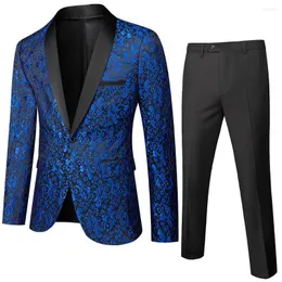 Completi da uomo Set da 2 pezzi Pantaloni da assemblaggio eleganti blu e gialli Marca Abito da lavoro formale da festa con bottone singolo slim-fit