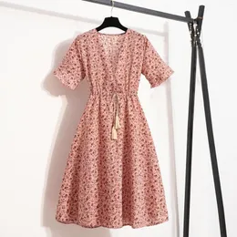 Casual Dresses Female Dress V-Neck Ladies Draw String Clothes French Lace Up Floral Print Slim Butterfiy Short Sleeve