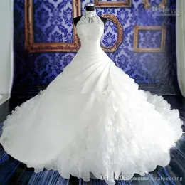 Vita gifta klänningar spetsar boll klänning brud klänningar med spets applikation pärlor höghals ärmlösa zip rygg organza219w