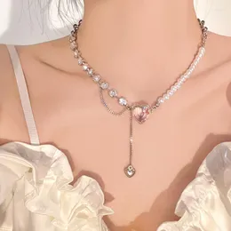 Choker JWER Elegante Strass Perlenkette Liebe Herz Anhänger Für Frauen Rosa Kristall Party Tragen Zubehör Schmuck Geschenke