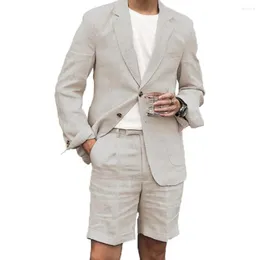 Abiti da uomo Giacca estiva Pantaloni Due pezzi Beige Risvolto con intaglio Pantaloncini Lino Casual Spiaggia Tempo libero Terno Costume Hombres Masculino Uomo