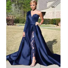 Sexy Royal Blue Split Lace Evening Dresses jumpsuits pantsuit Celebrity African Arabic Dubai Party Prom Dresses Gowns Formal Robe 279A