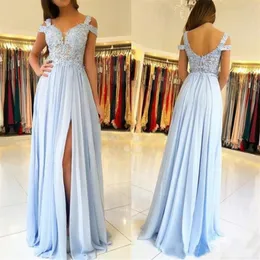 2020 Sky Blue Bridesmaid Dress Side Splith Off the Shoulder Lace Appliques Chiffon Wedding Guest Dresses Cheap Maid of Honor256b
