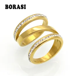 Anéis de noivado de cor dourada BORASI para mulheres joias de casamento de aço inoxidável anel de cristal joias de aço inoxidável