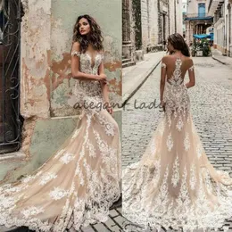 Champagne Julie Vino mermaid Wedding Dresses 2018 Off Shoulder Deep Plunging Neckline Bridal Gowns Sweep Train Lace Wedding Dress2942